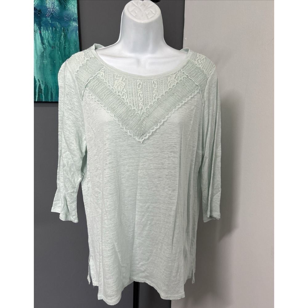 Women's Large Linen Green‎ Popover Tunic Top Burnout Lace 3/4 Sleeve Romantic